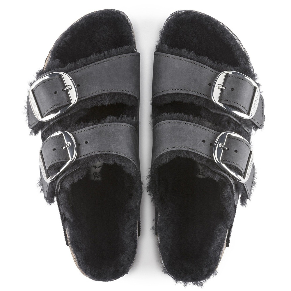 Birkenstock Arizona Big Buckle Shearling Black NWT Women’s Size 36 Two Strap - Picture 3 of 12